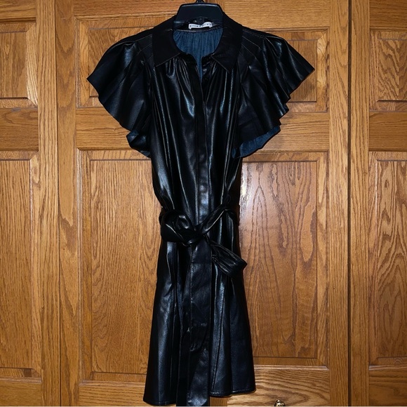 Alice & Olivia Black McKell Vegan Leather Flutter-Sleeve Mini Dress - Picture 5 of 7